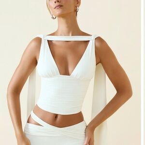 Oh Polly Sarai Plunge-Neck Draped Top in Vanilla - Bride (size small)